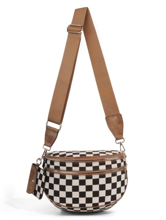 Handbags - Checkered Crossbody Sling Bag ⚡ Kaylee Belt Bag | Cognac Strap | NWOT